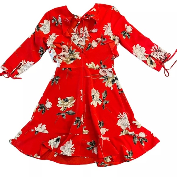 Topshop Red Floral Fit Flare Dress Flirty Ruffle Keyhole Back Size - Picture 3 of 3